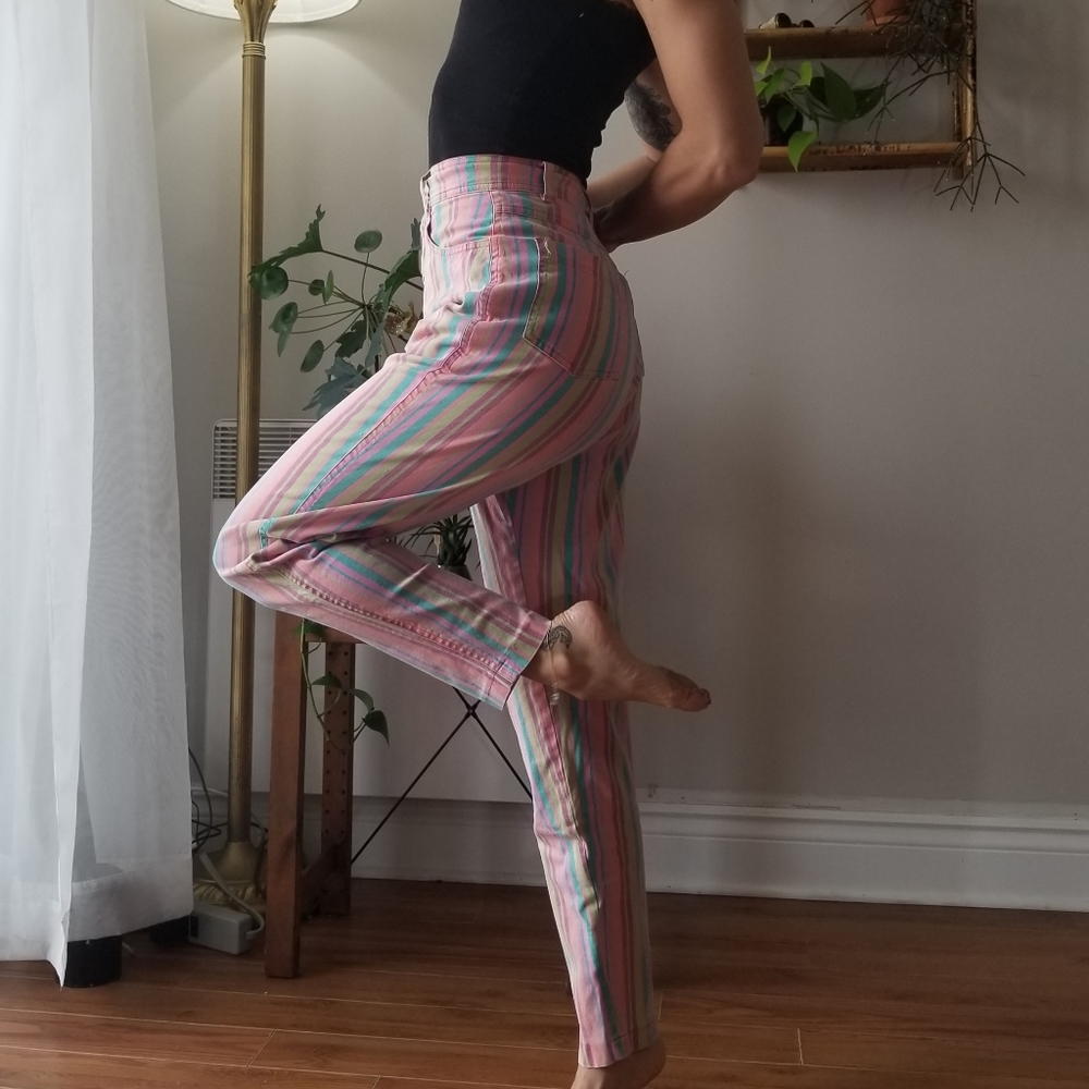 Style But Italy Stripe Pants Hipster Pink Blue High Rise Waisted Retro Colorful